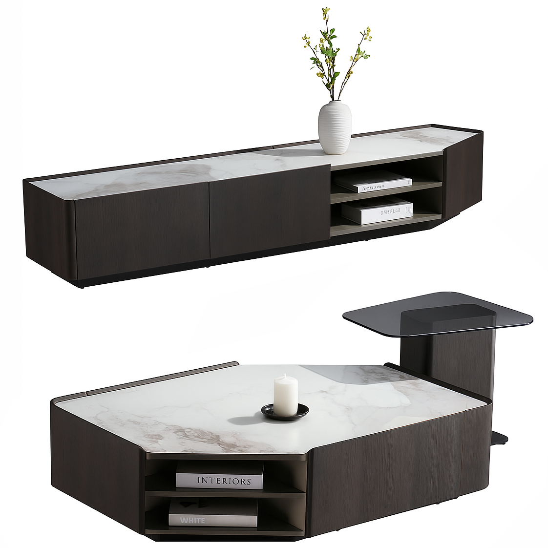 Dressoir Kast met Salon en Bijzettafel Jamie Zwart Hout met Wit Marmer 3-delig