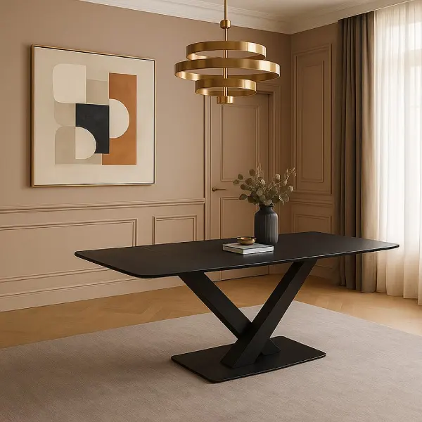 Strakke zwarte eettafel met modern design in een stijlvolle woonkamer met beige muren.