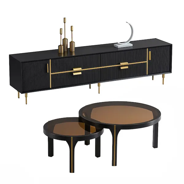 Zwart tv-meubel en bijpassende ronde salontafels met gouden accenten in een luxe woonkamer.